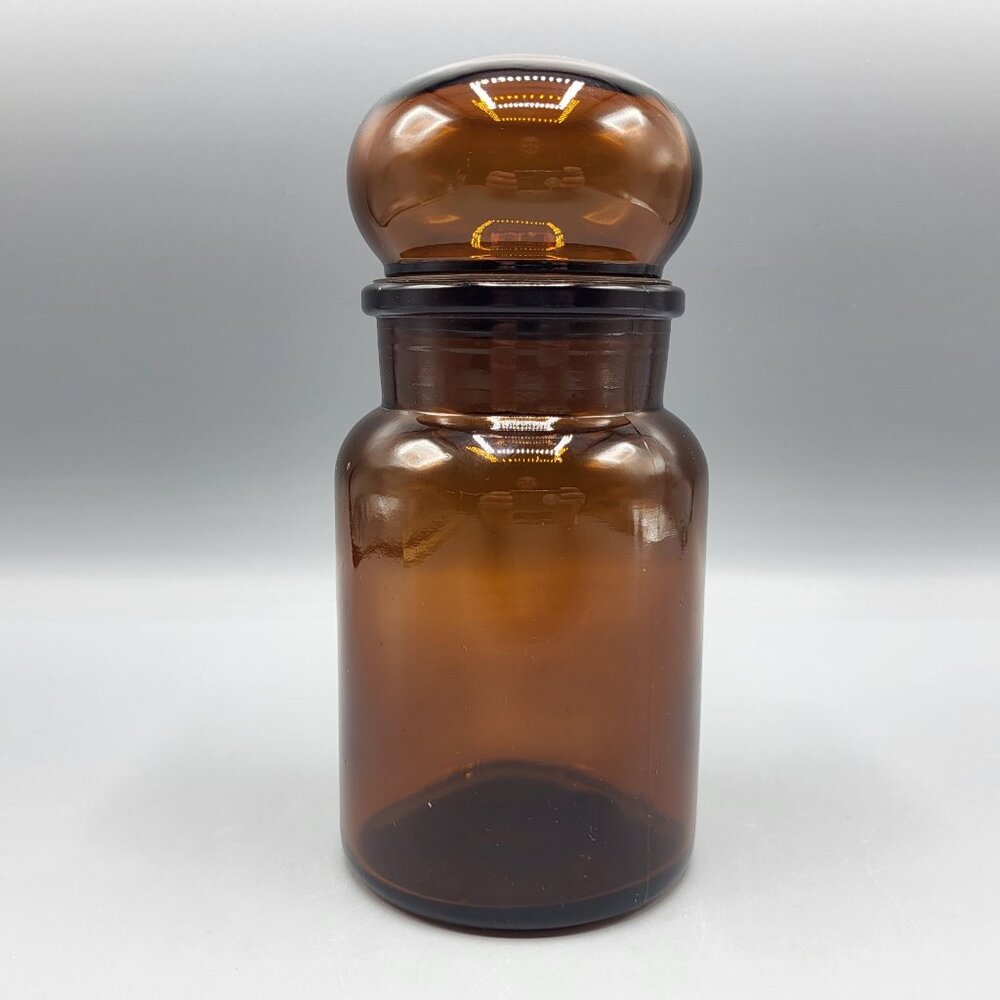Vintage Amber Brown Glass Apothecary Jar With Bubble Lid Made In Belgium